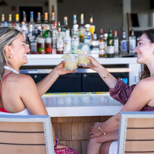 Two people sit at a bar, clinking glasses in a toast. Various bottles are displayed on the counter in the background, along with some hanging lights.